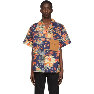 Shop Palm Angels Navy Blooming Short Sleeve Shirt In 3088 Blumul