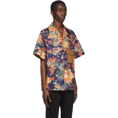 Shop Palm Angels Navy Blooming Short Sleeve Shirt In 3088 Blumul