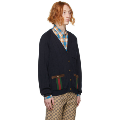 Shop Gucci Navy Wool Web Cardigan In 4330 Ink/mix