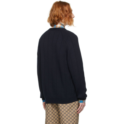 Shop Gucci Navy Wool Web Cardigan In 4330 Ink/mix