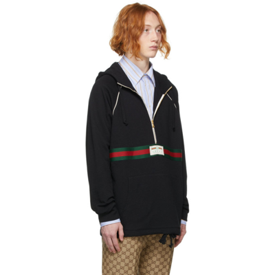 Shop Gucci Black French Terry Half-zip Hoodie In 1060 Black/green/red