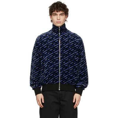 Shop Versace Blue & Black Chenille Monogram Zip-up Jacket In 2u340 Blue/black