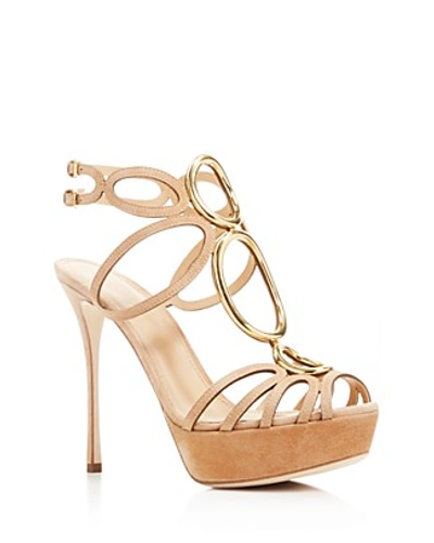 Sergio Rossi Woman Cutout Embellished Suede Platform Sandals Sand In Honey Cream