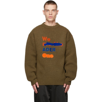 Shop Ader Error Khaki Knit Logo Crewneck Sweater