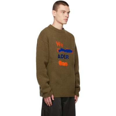 Shop Ader Error Khaki Knit Logo Crewneck Sweater