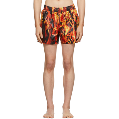 Shop Vetements Red & Black 'limited Edition' Fire Swim Shorts In Fire Print