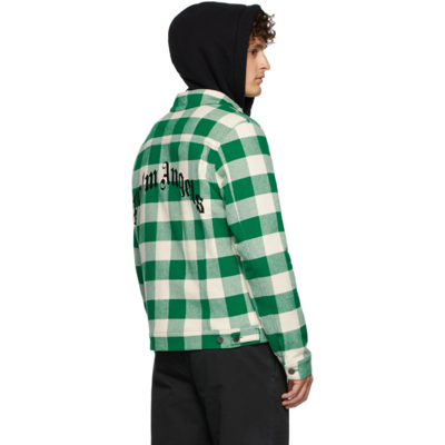 Shop Palm Angels Green & White Check Curved Logo Trucker Jacket In White Blac