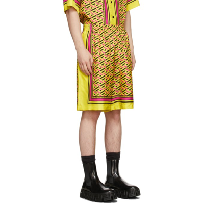 Shop Versace Yellow Silk Twill Monogram Shorts In 5y010 Yellow/multi
