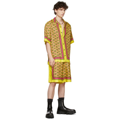 Shop Versace Yellow Silk Twill Monogram Shorts In 5y010 Yellow/multi