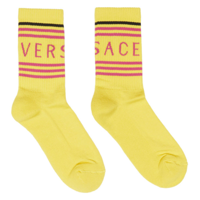 Shop Versace Yellow Logo Stripe Socks In 2y180 Yello