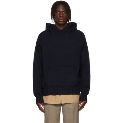 Shop Fear Of God Navy Knit Hoodie In 415navy