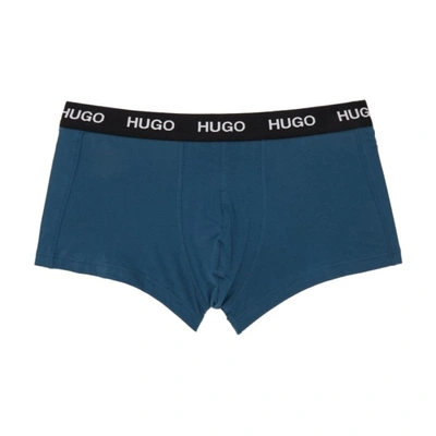 Shop Hugo Three-pack Blue & Green Logo Trunk Boxers In 963 Mixed