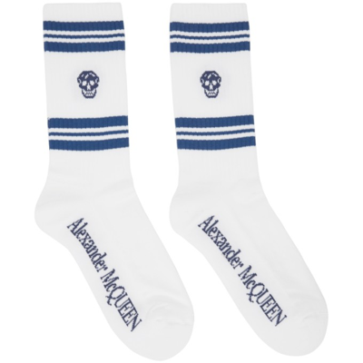 Shop Alexander Mcqueen White & Blue Skull Sport Socks In 9010 White/lake Blue
