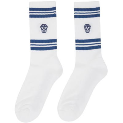 Shop Alexander Mcqueen White & Blue Skull Sport Socks In 9010 White/lake Blue