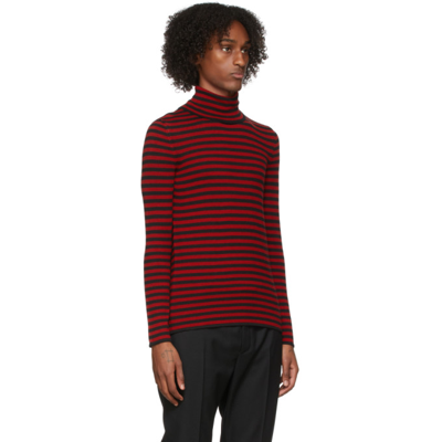 Shop Saint Laurent Red & Black Striped Turtleneck In 6010 Red/black