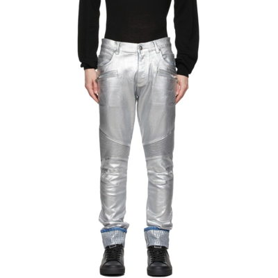 Shop Balmain Silver Embossed Jeans In 9ka Argent