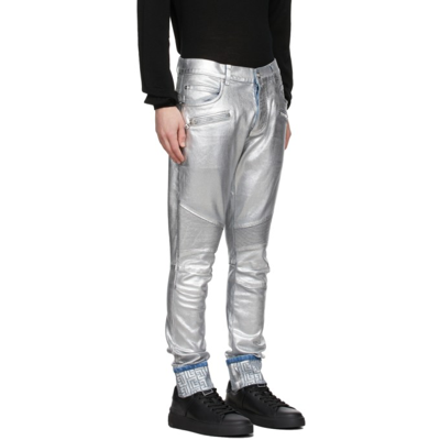 Shop Balmain Silver Embossed Jeans In 9ka Argent