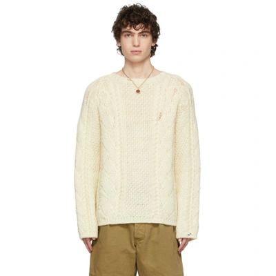 Shop Maison Margiela Off-white Wool Cable Knit Crewneck Sweater In 102 Off White