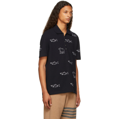 Shop Thom Browne Navy Embroidered Bear & Salmon Polo In 415 Navy