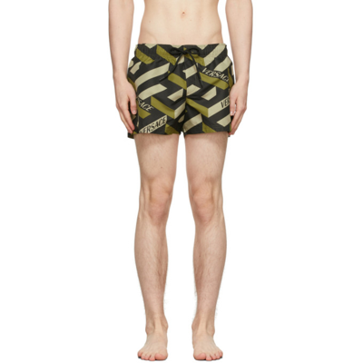 Shop Versace Black & Khaki Greca Swim Shorts In 5b160 Milit