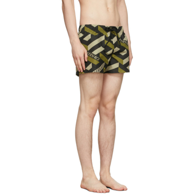 Shop Versace Black & Khaki Greca Swim Shorts In 5b160 Milit