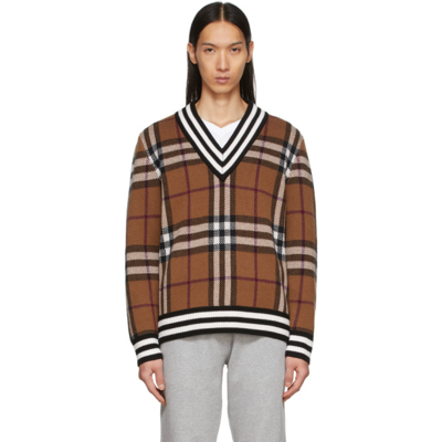 Shop Burberry Brown Check Cashmere Sweater In Birch Brown