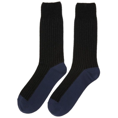 Shop Yohji Yamamoto Black & Blue Rib Mole Long Socks