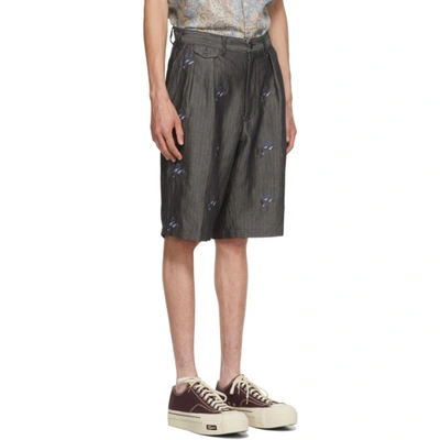 Shop Beams Grey Herringbone Two-pleated Embroidered Shorts In Black 19