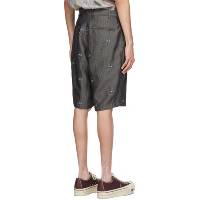 Shop Beams Grey Herringbone Two-pleated Embroidered Shorts In Black 19