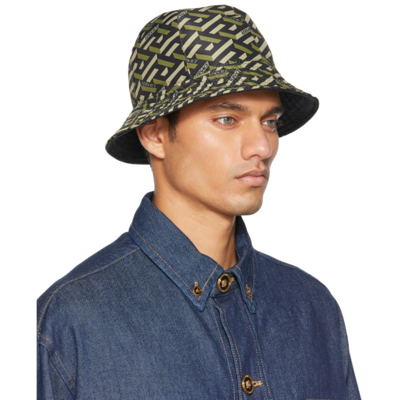 Shop Versace Khaki Monogram Bucket Hat In 2g410 Khaki