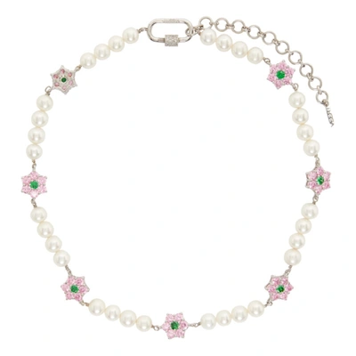 Shop Veert Pink & Green Flower & Pearl Necklace In Pink/green