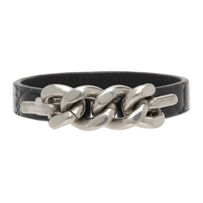 Shop Saint Laurent Black Croc Chain Bracelet In Black 100