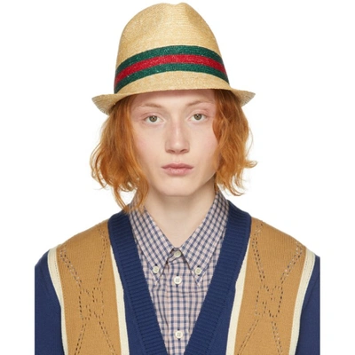 Shop Gucci Beige Straw Woven Hat In 9666 Rope/dark Green