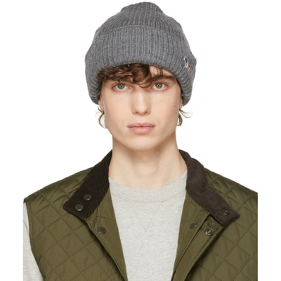 Shop Maison Kitsuné Grey Ribbed Tricolor Fox Beanie In H150 Grey M