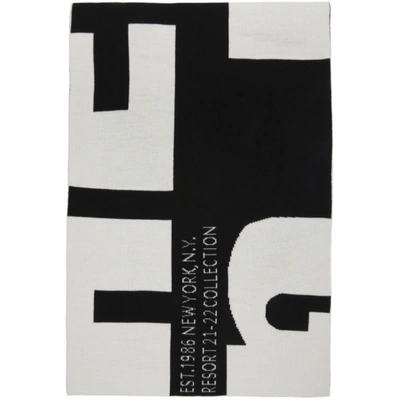 Shop Helmut Lang Black & White Wool Logo Scarf In Deep Black