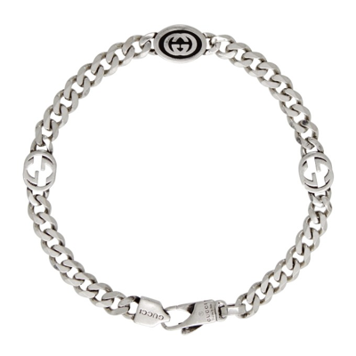 Shop Gucci Silver Interlocking G Bracelet In 8191 0728/nero