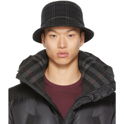 Shop Burberry Grey Check Bucket Hat In Charcoal Grey