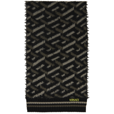 Shop Versace Black & Khaki Monogram Fleece Scarf In 5b150 Khaki