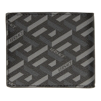 Shop Versace Black & Grey 'la Greca' Signature Wallet In 5b050 Grye