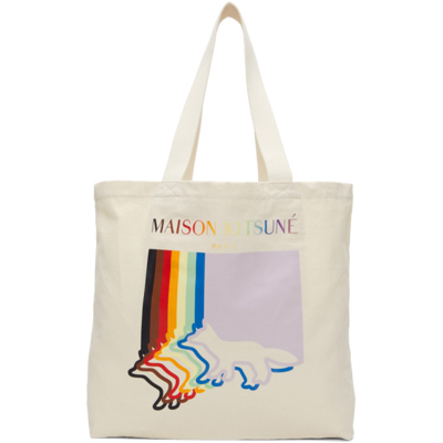 Shop Maison Kitsuné Off-white Trevor Project Edition Fox Flag Classic Tote In P702 Latte