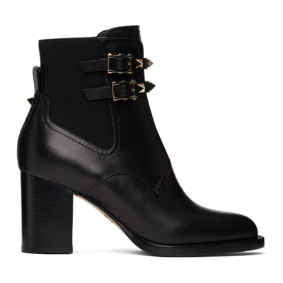 Shop Valentino Leather Double Strap Rockstud Boots In 0no Black