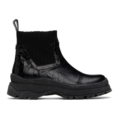 Staud Bow Croc-embossed Leather Ankle Boots In Black Faux Croc | ModeSens