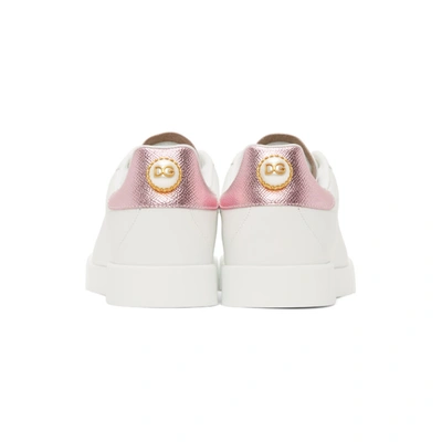 Shop Dolce & Gabbana White & Pink Lettering Portofino Sneakers In 87587 White/pink