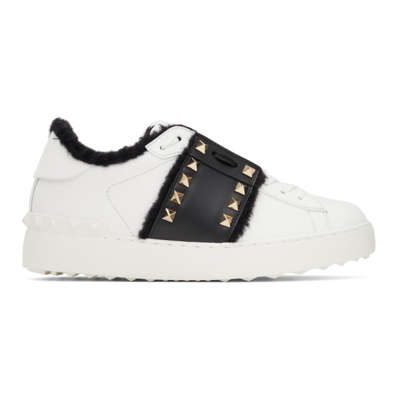 Shop Valentino Leather & Shearling Open Sneakers In A01 White/black