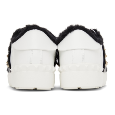 Shop Valentino Leather & Shearling Open Sneakers In A01 White/black