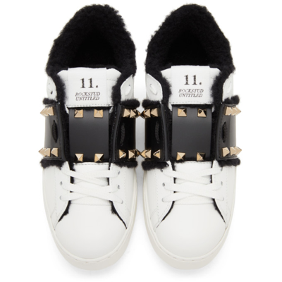 Shop Valentino Leather & Shearling Open Sneakers In A01 White/black