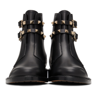 Shop Valentino Double Strap Flat Rockstud Ankle Boots In 0no Black