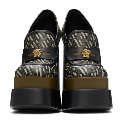 Shop Versace Khaki Logo Intrico Platform Heels In 5b15v Black/kaki