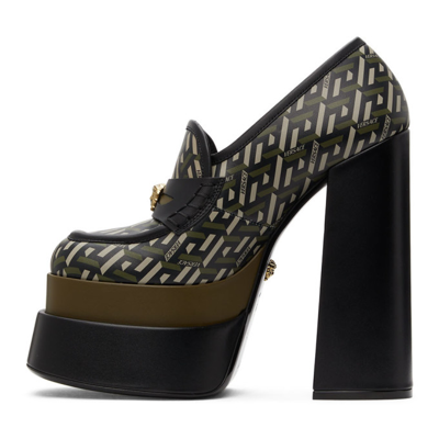 Shop Versace Khaki Logo Intrico Platform Heels In 5b15v Black/kaki
