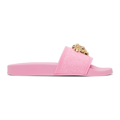 Shop Versace Pink 'la Medusa' Slides In 1p25v Pink